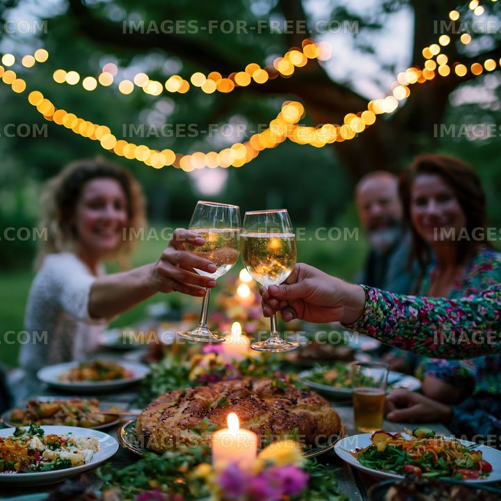 Celebration dinner with friends under string lights in a garden