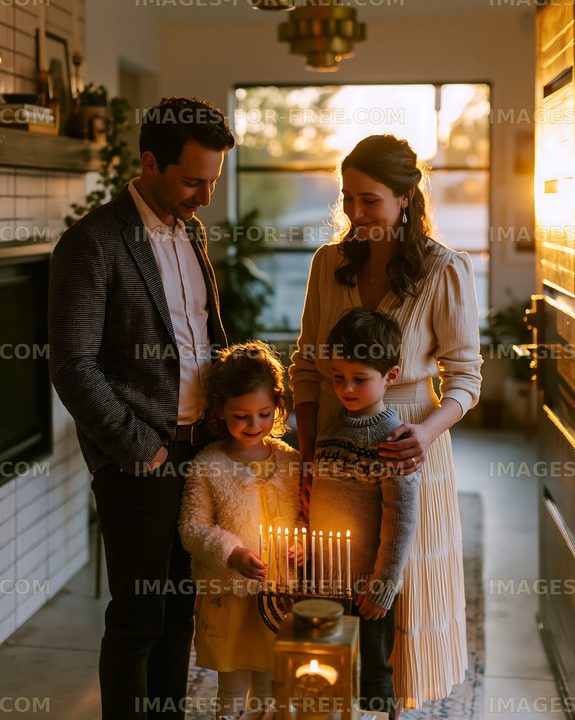 Family gathers by candlelight in a warm living room