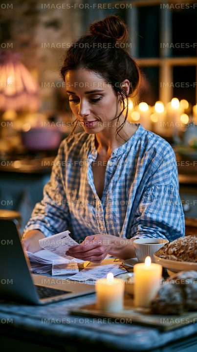 Woman organizing bills at a desk with candles lit in the background