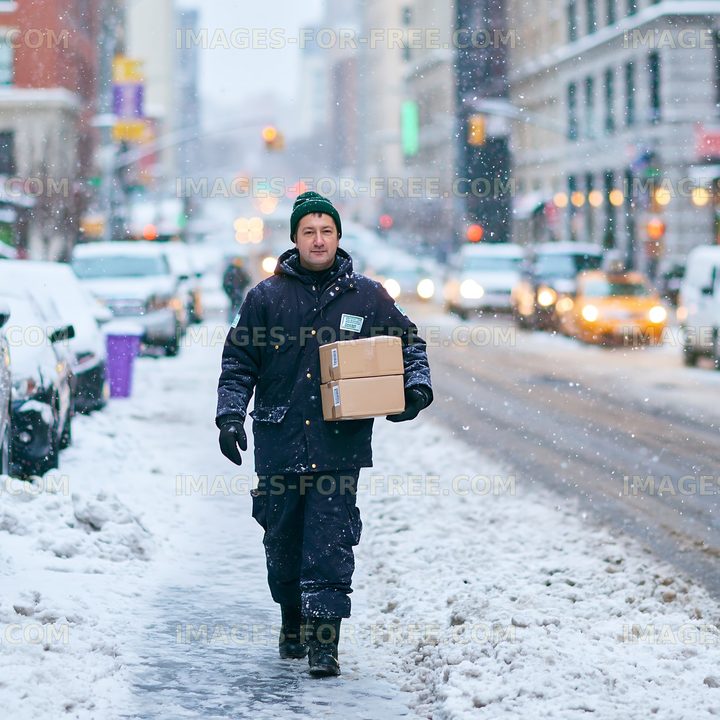 Delivery worker walking on snowy city street