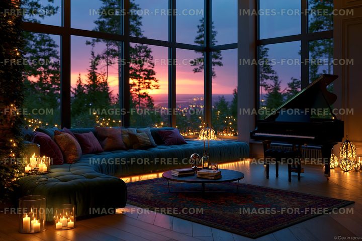 Cozy living room with piano and sunset view outside windows