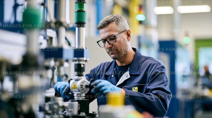 Worker assembling machinery in industrial facility