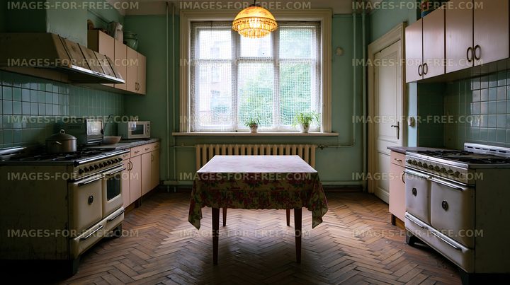 Old kitchen with table and appliances in a vintage setting