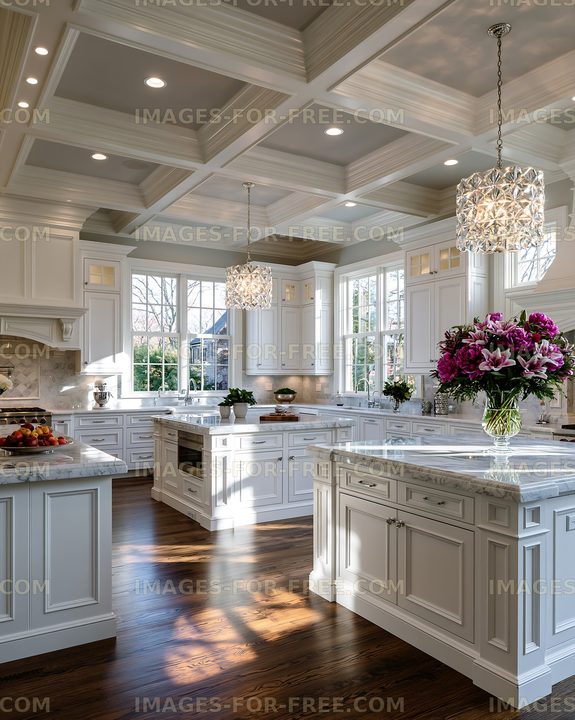 Modern kitchen with white cabinets and floral centerpiece