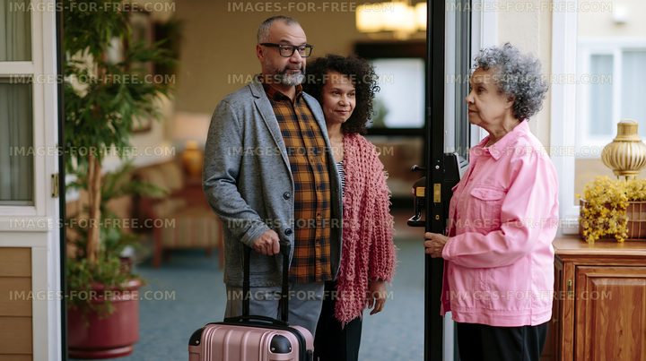 Family reunion at the door with suitcase and warm greetings