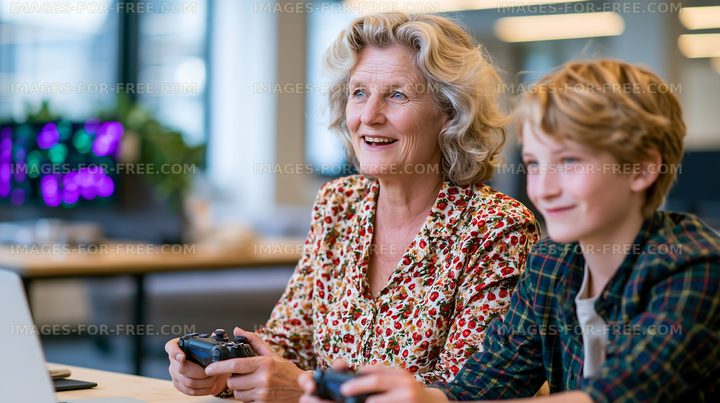 Grandmother and grandson playing video games together