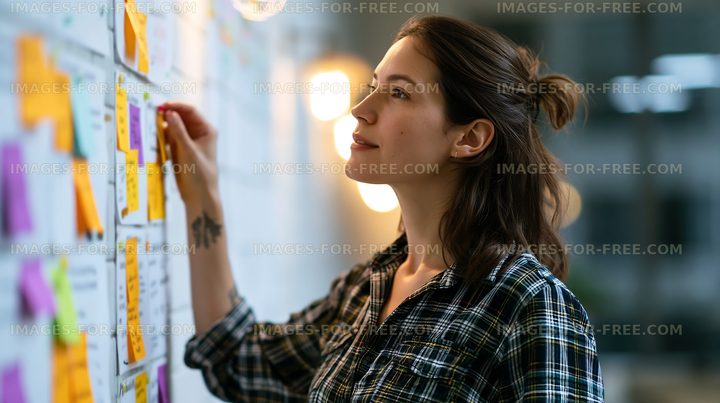 Woman taking notes on a wall of sticky notes in an office