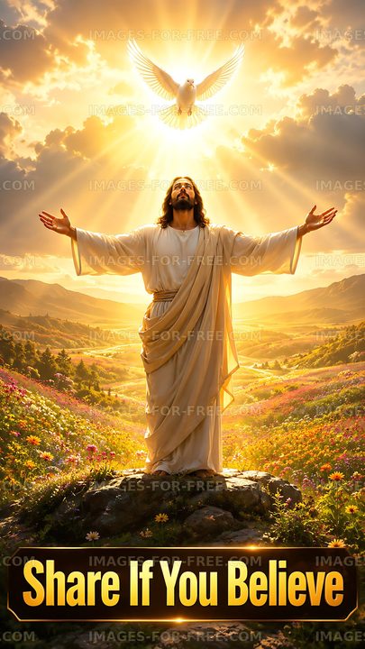 Jesus with open arms in nature surrounded by light