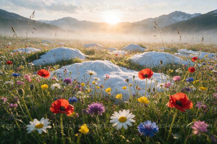Vibrant wildflowers bloom near snow patches at sunrise