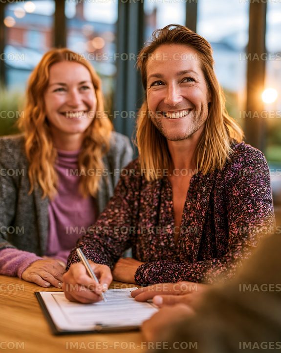 People signing documents in modern cafe setting