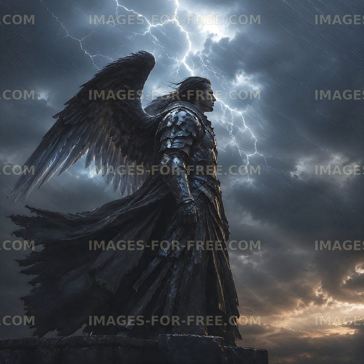 Dramatic angel statue with wings under stormy sky