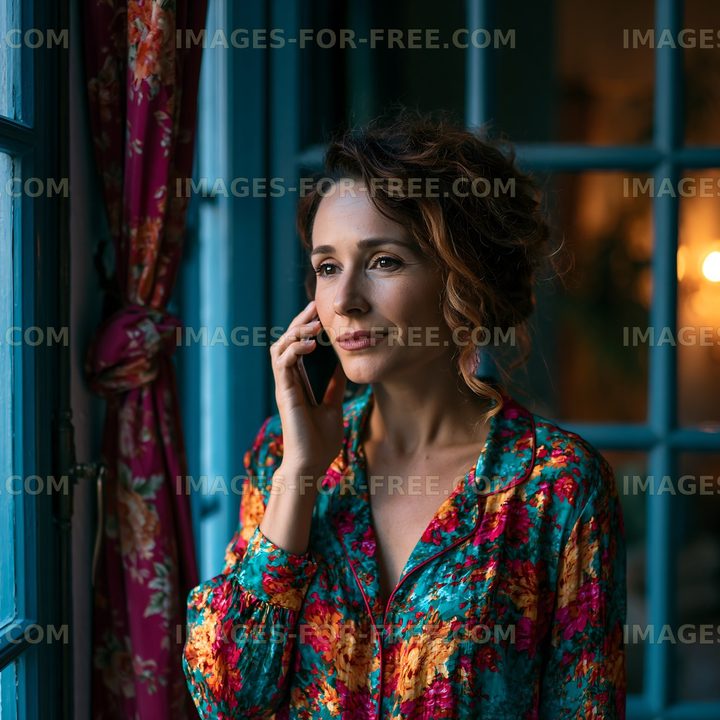 Woman talking on the phone by a window in a cozy room