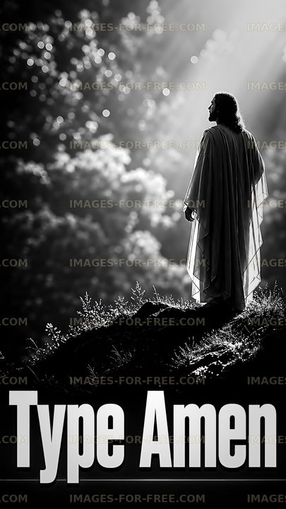 Figure in white robe standing against bright forest backdrop