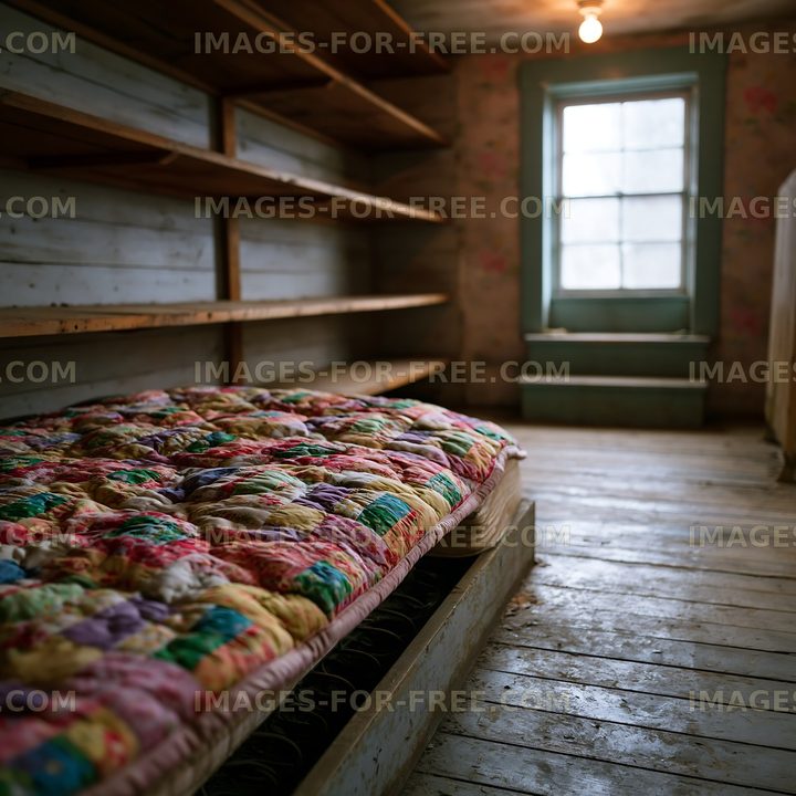 Old room with a mattress and wooden shelves