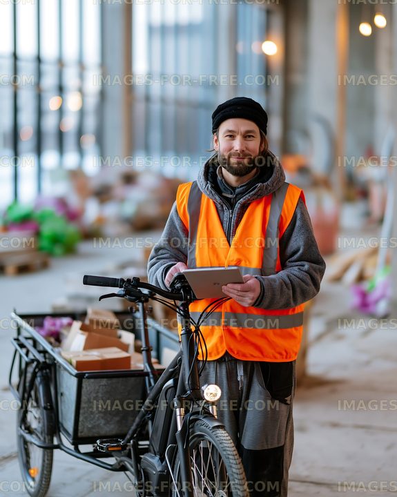 Delivery worker in orange vest with bicycle indoors