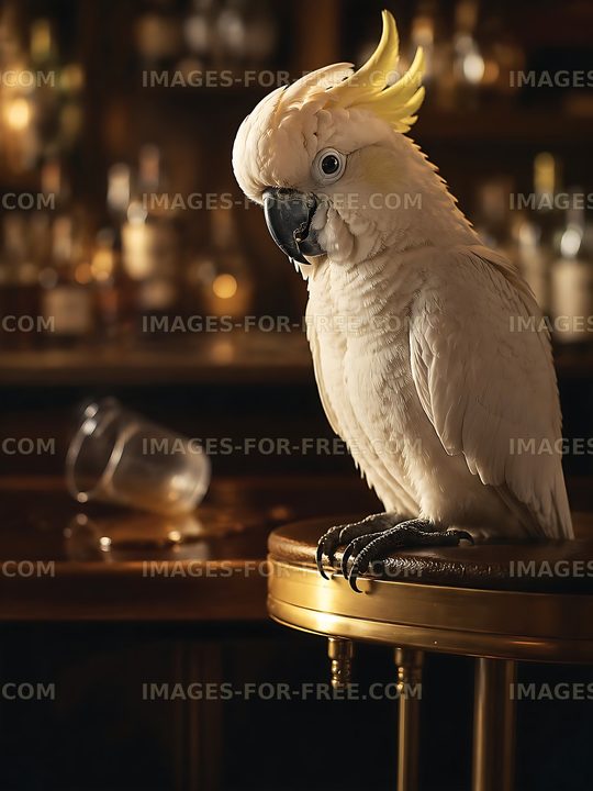 Cockatoo sitting on a bar counter in a dimly lit setting