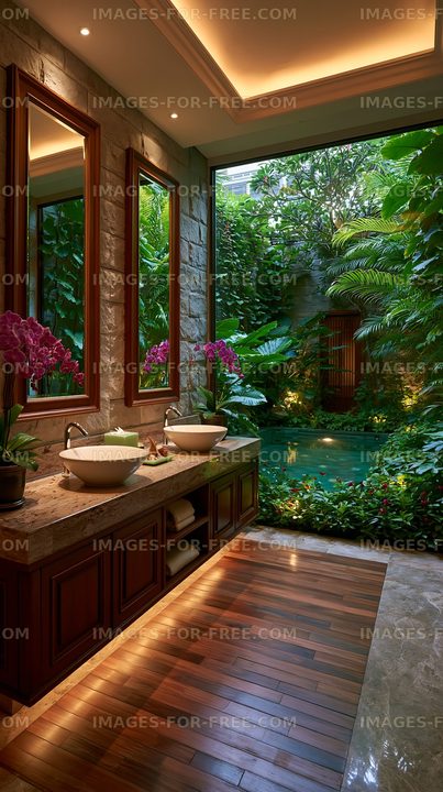 Luxurious bathroom with plants and natural light