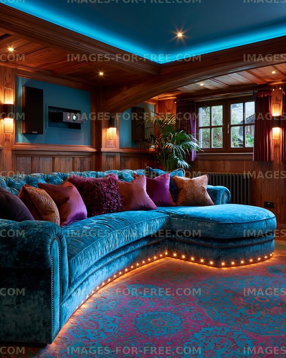 Cozy living room with blue sofa and colorful decor