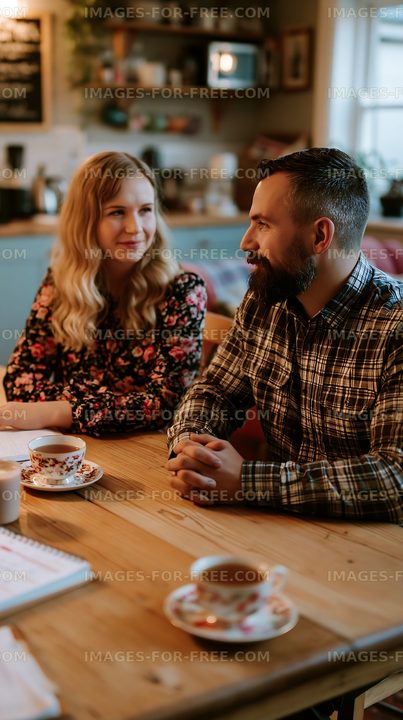 Couple having a conversation at a cozy table in a kitchen