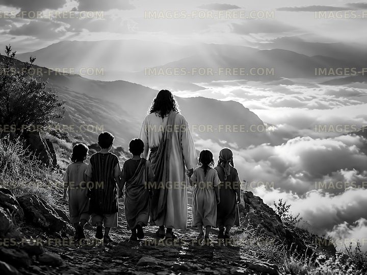 People walking on a path in black and white with clouds below