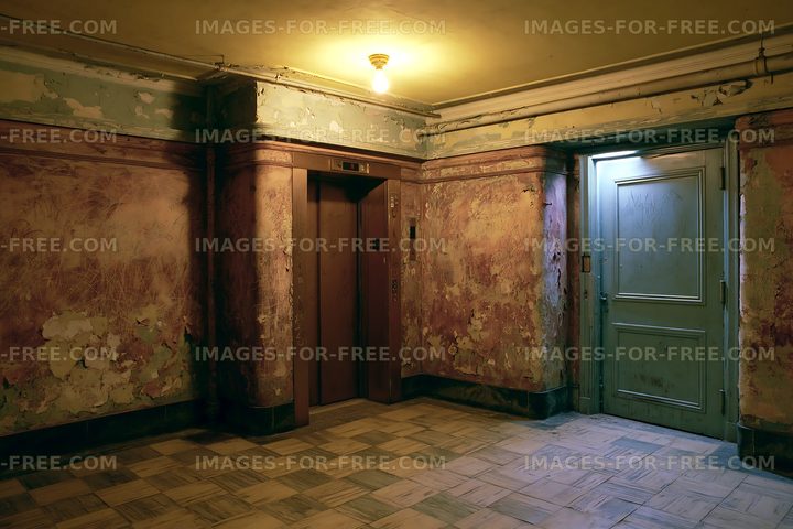 Old elevator lobby in a worn building