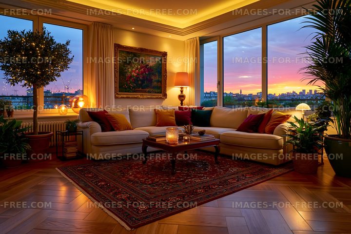 Cozy living room with sunset view over the city skyline