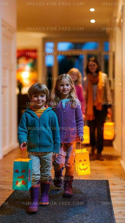 Children walking with lanterns during Halloween celebration