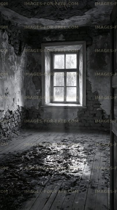 Abandoned room with window and worn walls in black and white