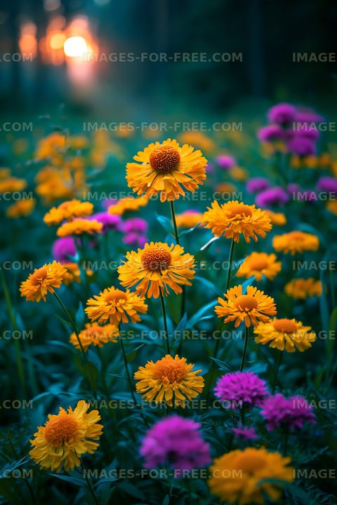 Bright flowers in a field during sunset