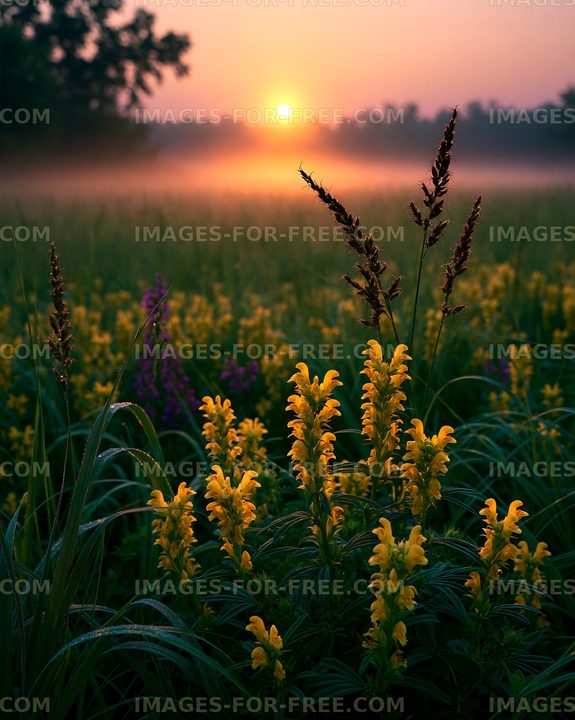 Sunrise over a field of yellow flowers and mist