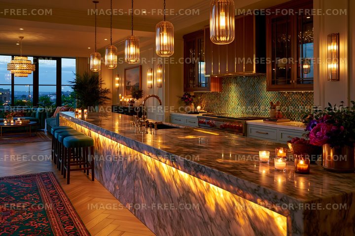 Stylish kitchen with marble countertop and warm lighting
