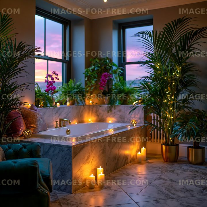 Elegant bathroom with candles and plants at sunset