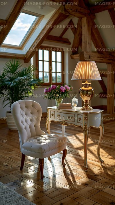 Elegant room with chair and table in sunny interior