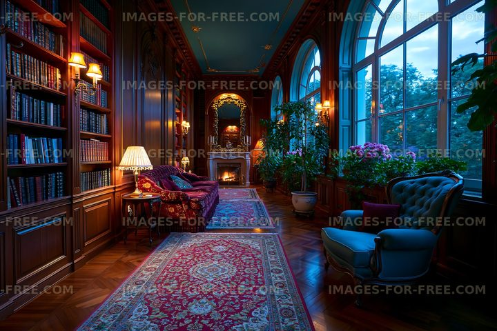Cozy room with bookshelves and a fireplace at dusk