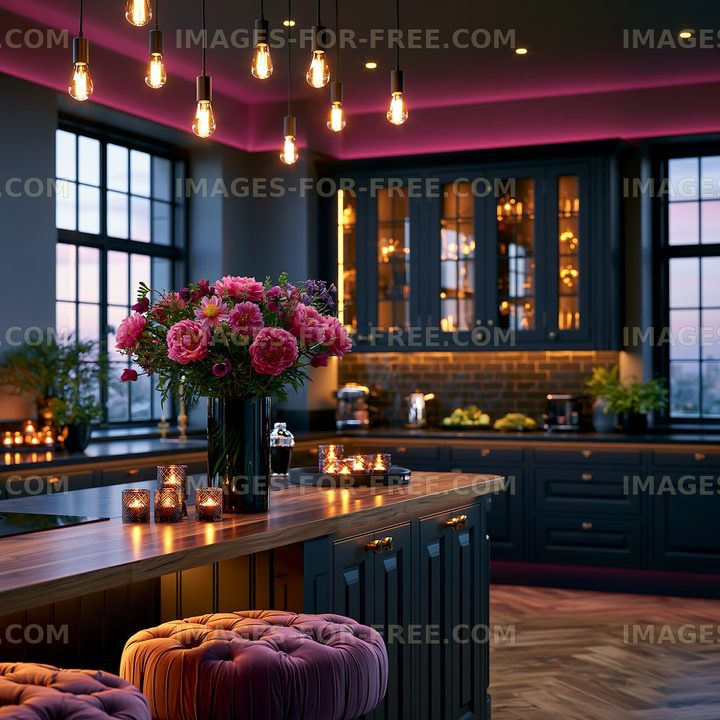 Modern kitchen with pendant lights and floral arrangement