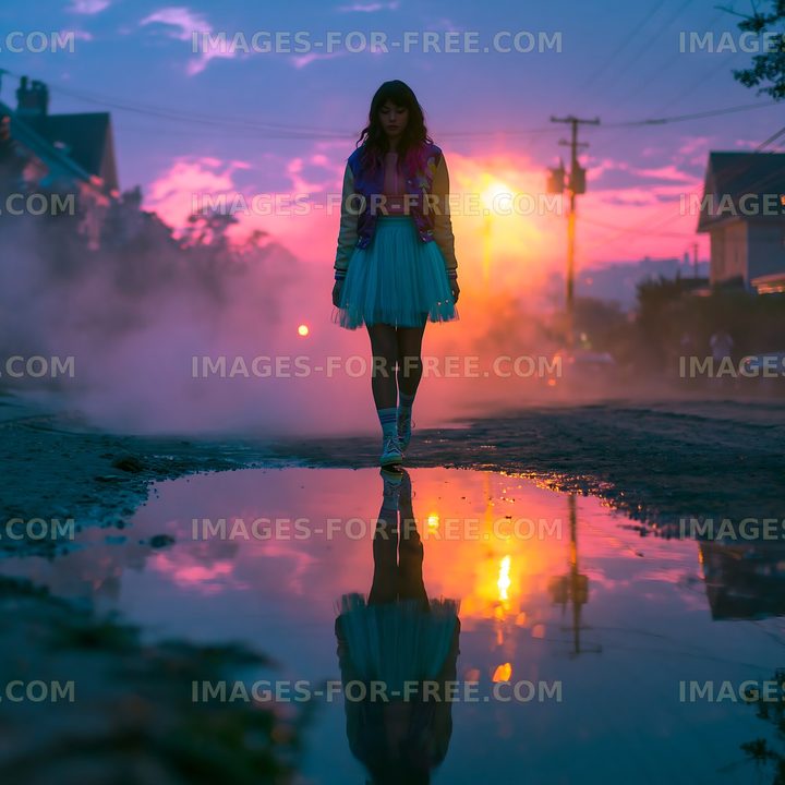 Woman walking on a street at sunset with reflections in water