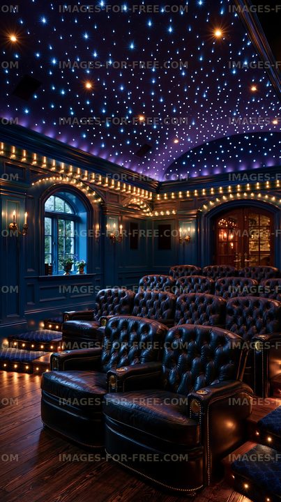 Luxurious home theater with starry ceiling and cozy seating