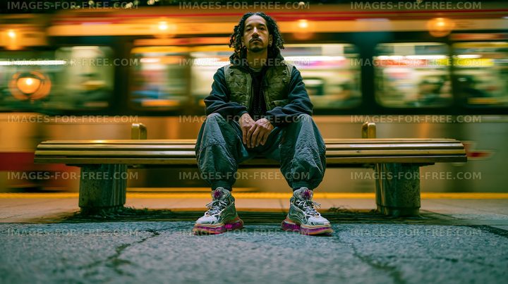 Man sitting on a bench at a train station in the evening