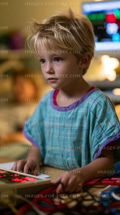Child focused on keyboard in a room with computer equipment