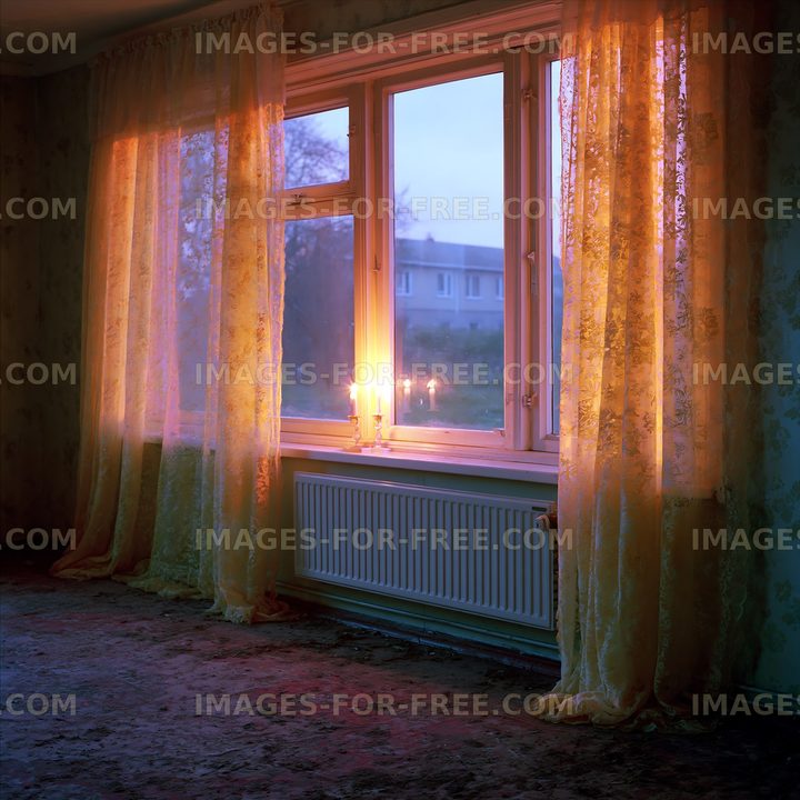 Light coming through curtains in a quiet room at dusk