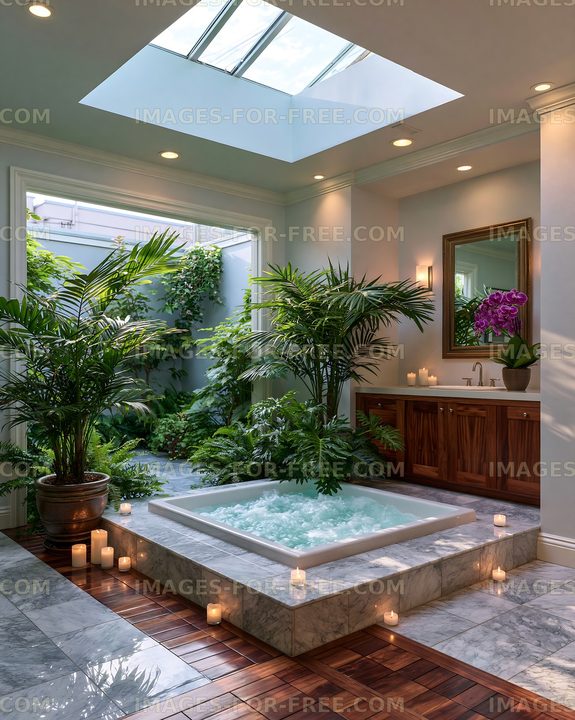 Private spa area with plants and tub under skylight