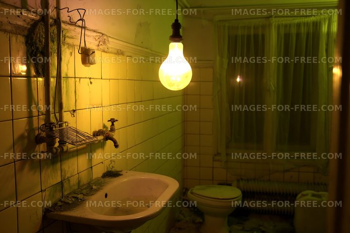 Old bathroom with green lighting and vintage fixtures