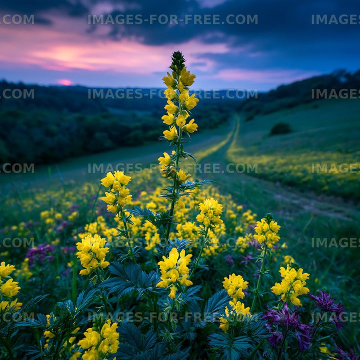 Flowers on a hillside under a colorful sunset sky