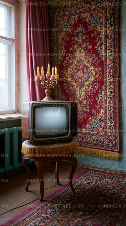 Old television on a decorative stool in a vintage room