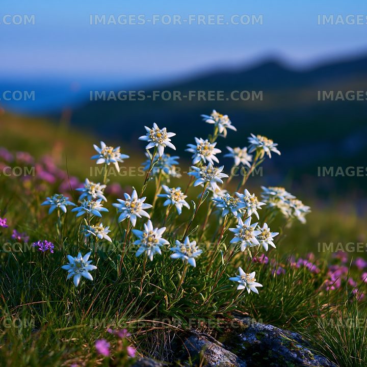 Wildflowers blooming in a mountain meadow during sunset