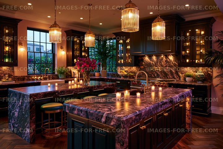 Modern kitchen with elegant fixtures and warm lighting