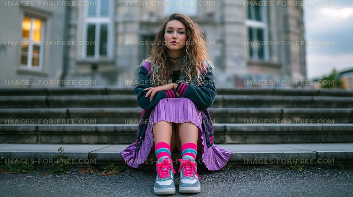 Woman sitting on steps with a city building in the background