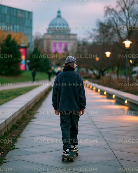 Skater riding along a pathway with city buildings in the background