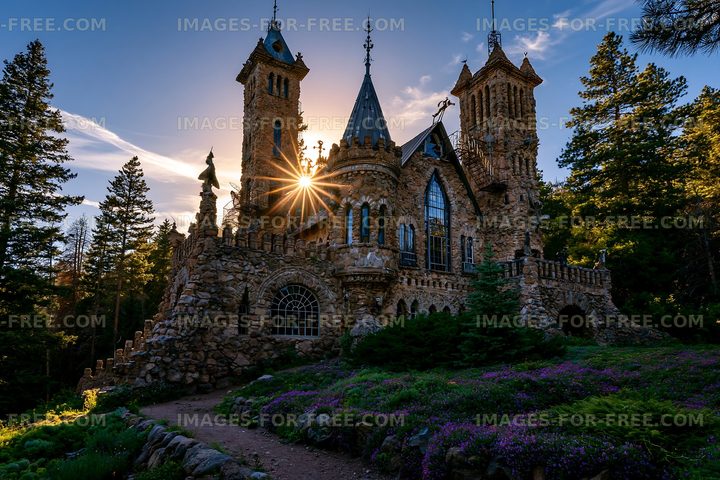 Stone castle with towers in forest during sunset
