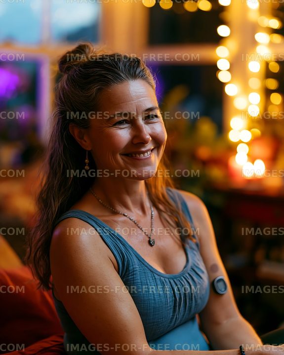 Woman smiling while sitting indoors with warm lights in the background